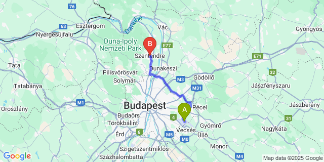 Map: Budapest Airport (BUD), Ferihegy, Liszt Ferenc to Szentendre