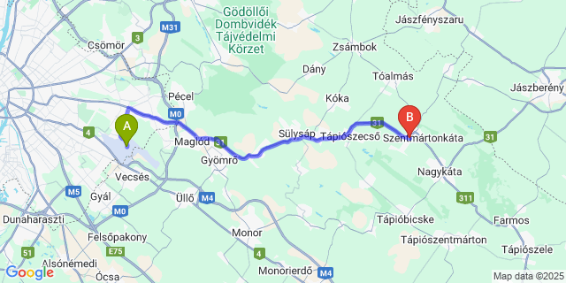 Map: Budapest Airport (BUD), Ferihegy, Liszt Ferenc to Szentmártonkáta