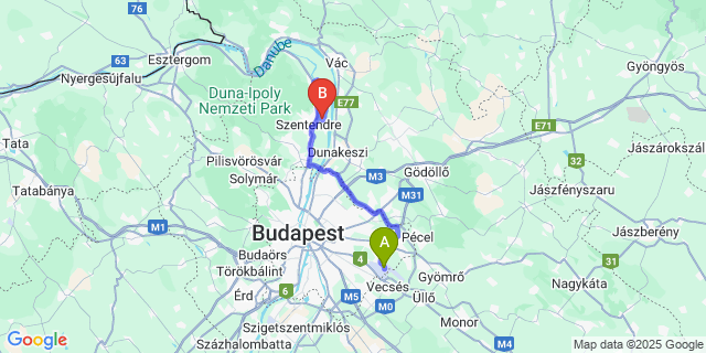 Map: Budapest Airport (BUD), Ferihegy, Liszt Ferenc to Szigetmonostor