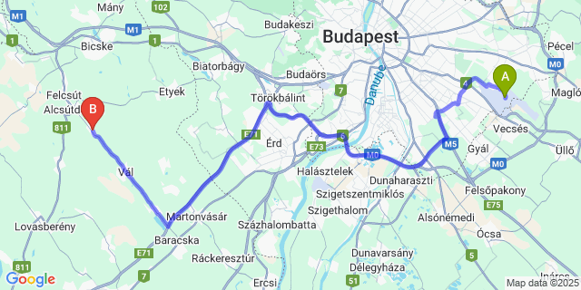 Map: Budapest Airport (BUD), Ferihegy, Liszt Ferenc to Tabajd