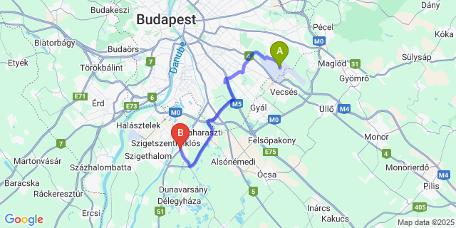 Map: Budapest Airport (BUD), Ferihegy, Liszt Ferenc to Taksony