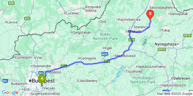 Map: Budapest Airport (BUD), Ferihegy, Liszt Ferenc to Tállya