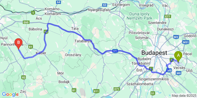 Map: Budapest Airport (BUD), Ferihegy, Liszt Ferenc to Táp