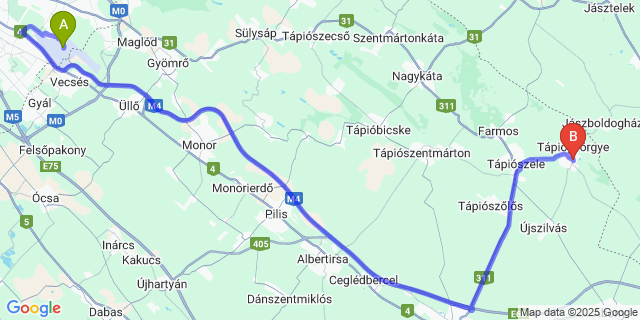 Map: Budapest Airport (BUD), Ferihegy, Liszt Ferenc to Tápiógyörgye