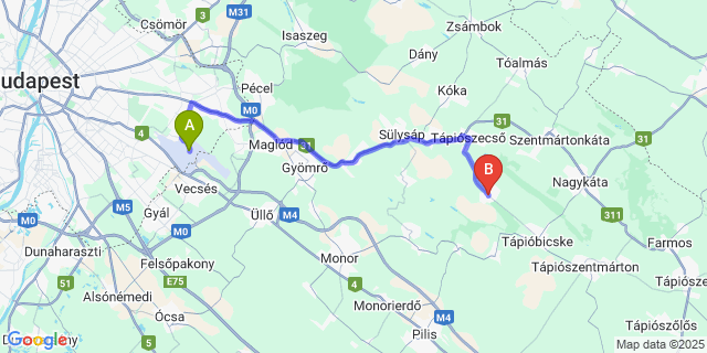 Map: Budapest Airport (BUD), Ferihegy, Liszt Ferenc to Tápióság