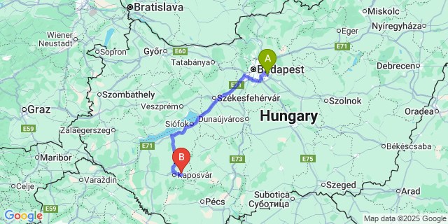 Map: Budapest Airport (BUD), Ferihegy, Liszt Ferenc to Taszár