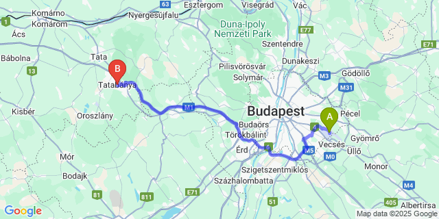 Map: Budapest Airport (BUD), Ferihegy, Liszt Ferenc to Tatabánya