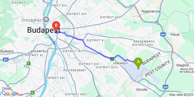 Map: Budapest Airport (BUD), Ferihegy, Liszt Ferenc to Three Corners Hotel Anna