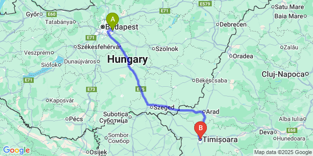 Map: Budapest Airport (BUD), Ferihegy, Liszt Ferenc to Timisoara