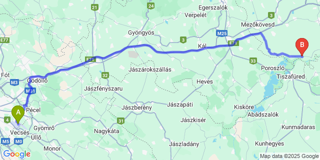 Map: Budapest Airport (BUD), Ferihegy, Liszt Ferenc to Tiszabábolna