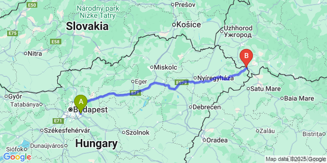 Map: Budapest Airport (BUD), Ferihegy, Liszt Ferenc to Tiszabecs