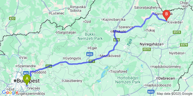 Map: Budapest Airport (BUD), Ferihegy, Liszt Ferenc to Tiszacsermely