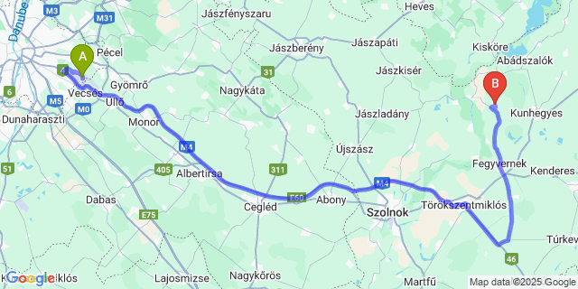 Map: Budapest Airport (BUD), Ferihegy, Liszt Ferenc to Tiszagyenda