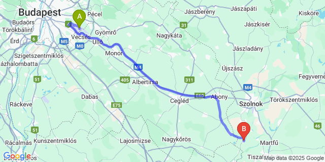 Map: Budapest Airport (BUD), Ferihegy, Liszt Ferenc to Tiszajenő