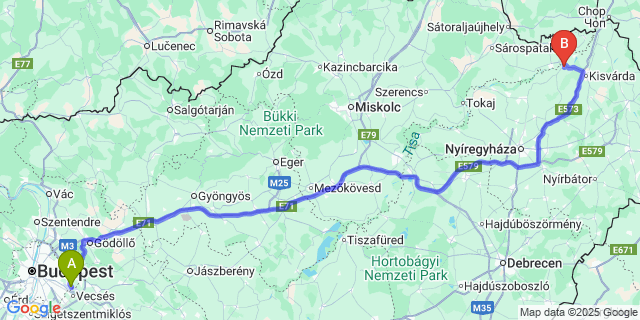 Map: Budapest Airport (BUD), Ferihegy, Liszt Ferenc to Tiszakanyár