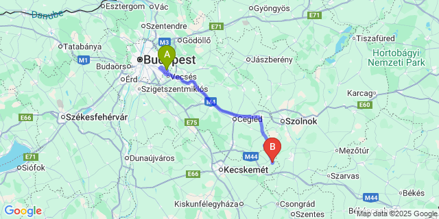 Map: Budapest Airport (BUD), Ferihegy, Liszt Ferenc to Tiszakécske