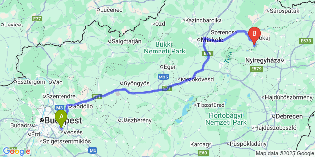 Map: Budapest Airport (BUD), Ferihegy, Liszt Ferenc to Tiszaladány