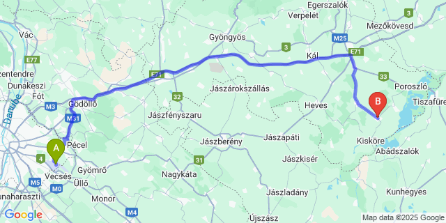 Map: Budapest Airport (BUD), Ferihegy, Liszt Ferenc to Tiszanána