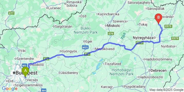 Map: Budapest Airport (BUD), Ferihegy, Liszt Ferenc to Tiszarád