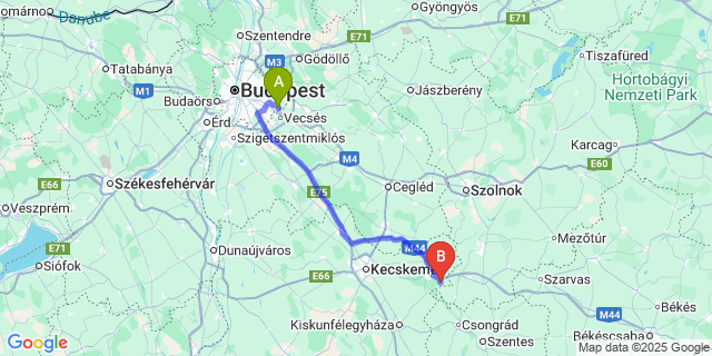 Map: Budapest Airport (BUD), Ferihegy, Liszt Ferenc to Tiszaug