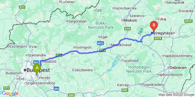 Map: Budapest Airport (BUD), Ferihegy, Liszt Ferenc to Tiszavasvári