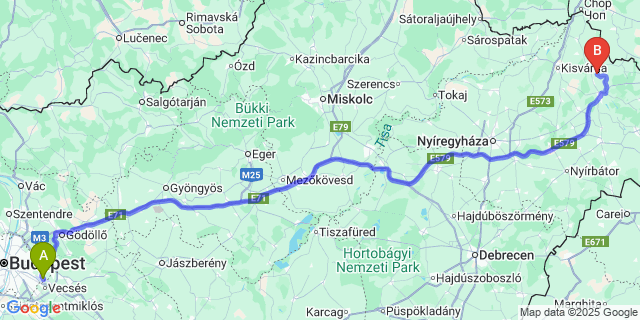 Map: Budapest Airport (BUD), Ferihegy, Liszt Ferenc to Tiszavid