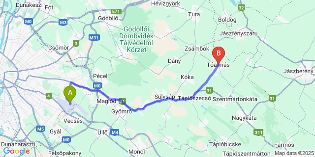 Map: Budapest Airport (BUD), Ferihegy, Liszt Ferenc to Tóalmás