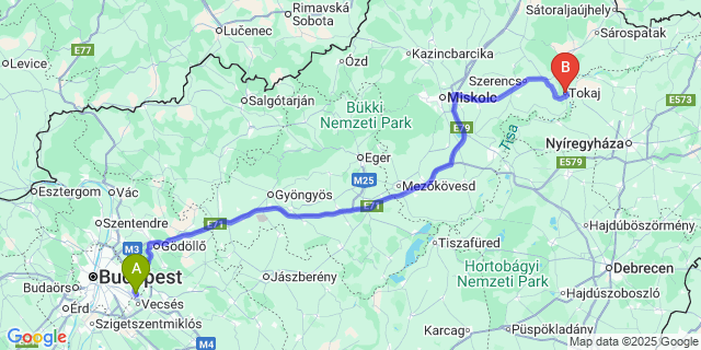Map: Budapest Airport (BUD), Ferihegy, Liszt Ferenc to Tokaj