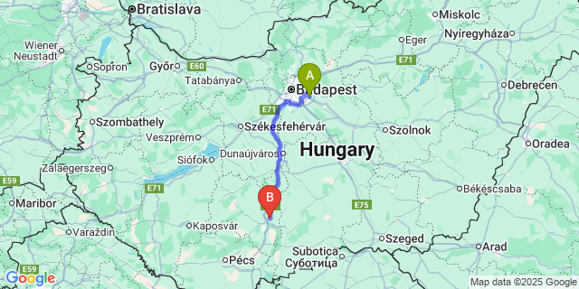 Map: Budapest Airport (BUD), Ferihegy, Liszt Ferenc to Tolna