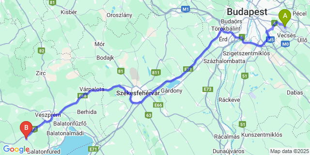 Map: Budapest Airport (BUD), Ferihegy, Liszt Ferenc to Tótvázsony