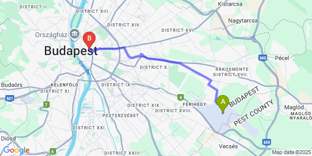 Map: Budapest Airport (BUD), Ferihegy, Liszt Ferenc to Treestyle Hostel