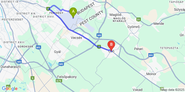 Map: Budapest Airport (BUD), Ferihegy, Liszt Ferenc to Üllő
