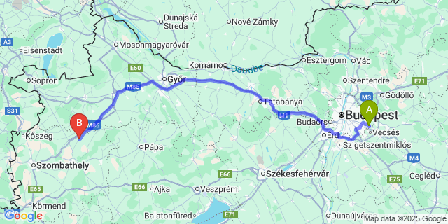 Map: Budapest Airport (BUD), Ferihegy, Liszt Ferenc to Uraiújfalu