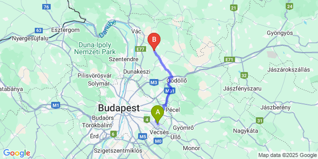 Map: Budapest Airport (BUD), Ferihegy, Liszt Ferenc to Vácrátót