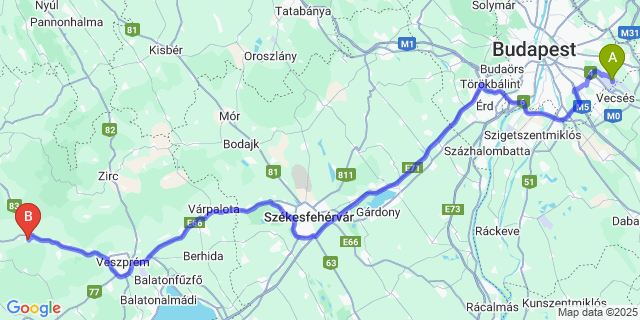 Map: Budapest Airport (BUD), Ferihegy, Liszt Ferenc to Városlőd