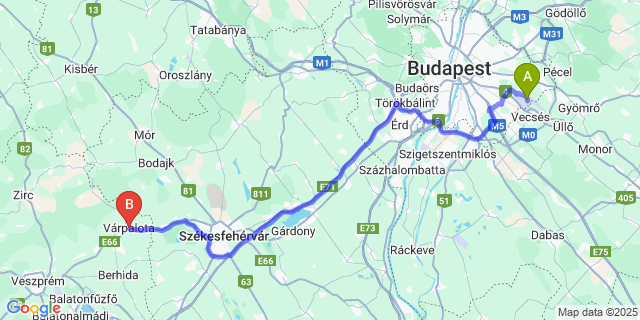 Map: Budapest Airport (BUD), Ferihegy, Liszt Ferenc to Várpalota