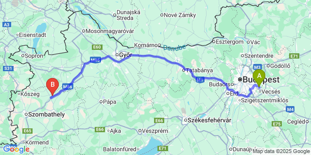 Map: Budapest Airport (BUD), Ferihegy, Liszt Ferenc to Vasegerszeg