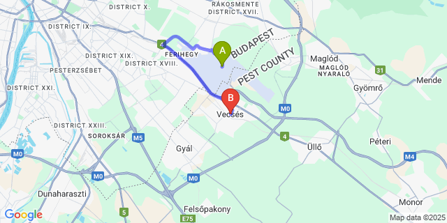 Map: Budapest Airport (BUD), Ferihegy, Liszt Ferenc to Vecsés