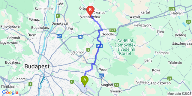 Map: Budapest Airport (BUD), Ferihegy, Liszt Ferenc to Veresegyház
