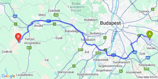 Map: Budapest Airport (BUD), Ferihegy, Liszt Ferenc to Vértesboglár