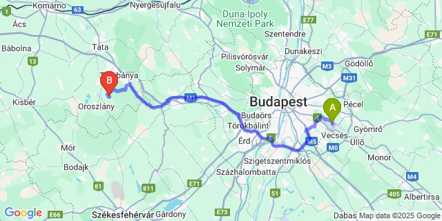 Map: Budapest Airport (BUD), Ferihegy, Liszt Ferenc to Vértessomló