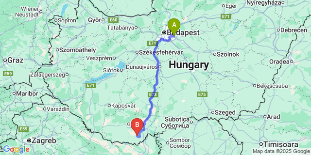 Map: Budapest Airport (BUD), Ferihegy, Liszt Ferenc to Villánykövesd