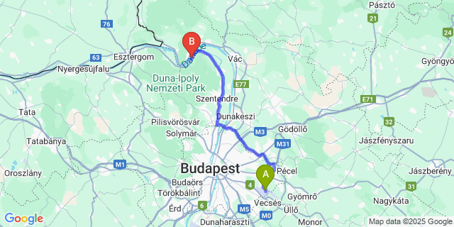 Map: Budapest Airport (BUD), Ferihegy, Liszt Ferenc to Visegrád