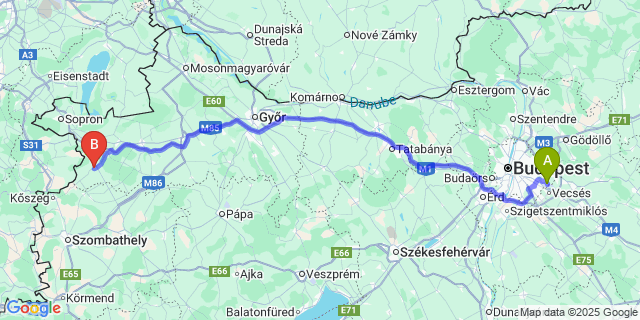 Map: Budapest Airport (BUD), Ferihegy, Liszt Ferenc to Völcsej