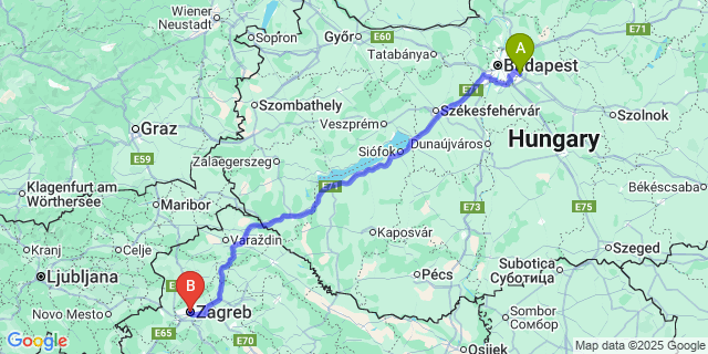 Map: Budapest Airport (BUD), Ferihegy, Liszt Ferenc to Zagreb