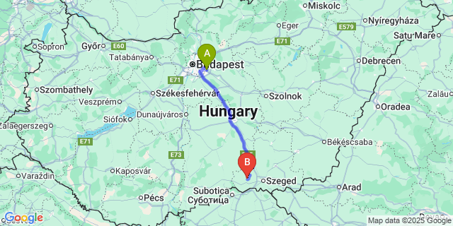 Map: Budapest Airport (BUD), Ferihegy, Liszt Ferenc to Zákányszék