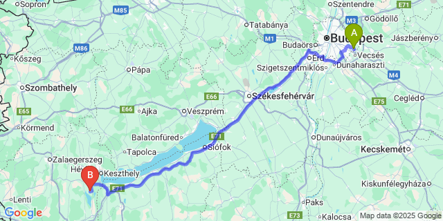 Map: Budapest Airport (BUD), Ferihegy, Liszt Ferenc to Zalavár