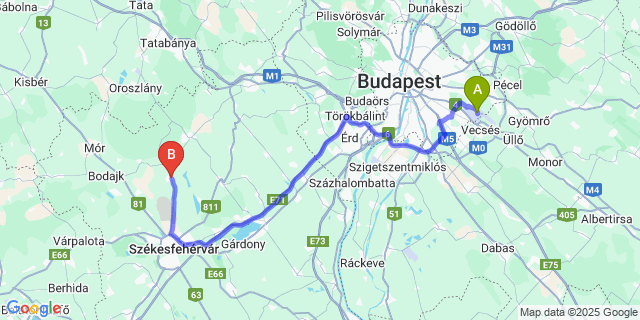 Map: Budapest Airport (BUD), Ferihegy, Liszt Ferenc to Zámoly