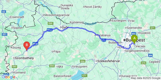 Map: Budapest Airport (BUD), Ferihegy, Liszt Ferenc to Zsédeny